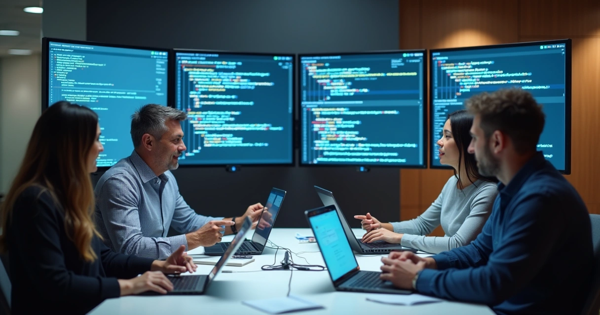 Pessoas ajudando umas às outras em um ambiente de trabalho tecnológico 