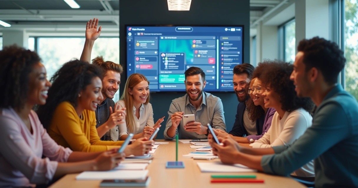 Grupo de pessoas celebrando sucesso no TikTok com celular 