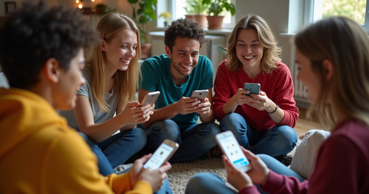 Grupo de jovens em círculo interagindo com smartphones em ambiente descontraído 