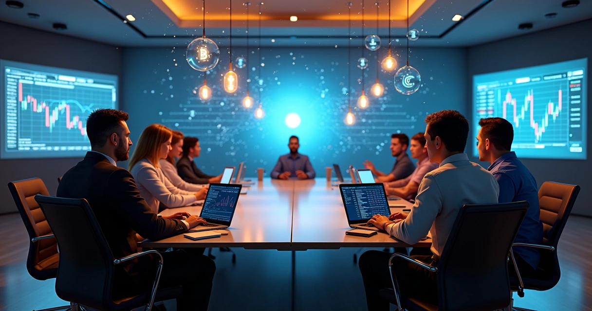 Comunidade de traders em uma sala virtual trocando ideias 