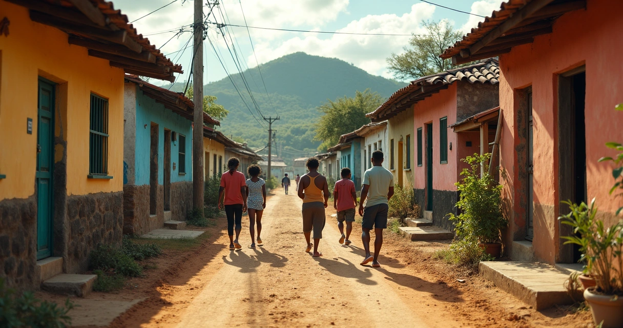 Moradores de uma vila tradicional conversando em rua de terra 