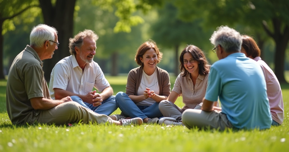 Grupo diverso de pessoas reunidas em círculo em um parque, sorrindo e conversando. 
