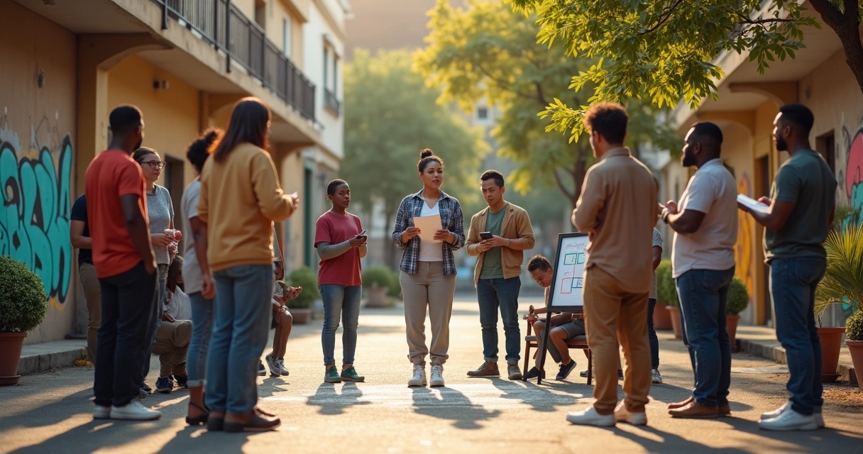 Moradores em roda de conversa em praça urbana colorida 