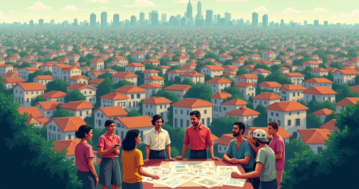 Vista ampla de comunidade urbana em São Paulo com casas próximas, mostrando processo de regularização 