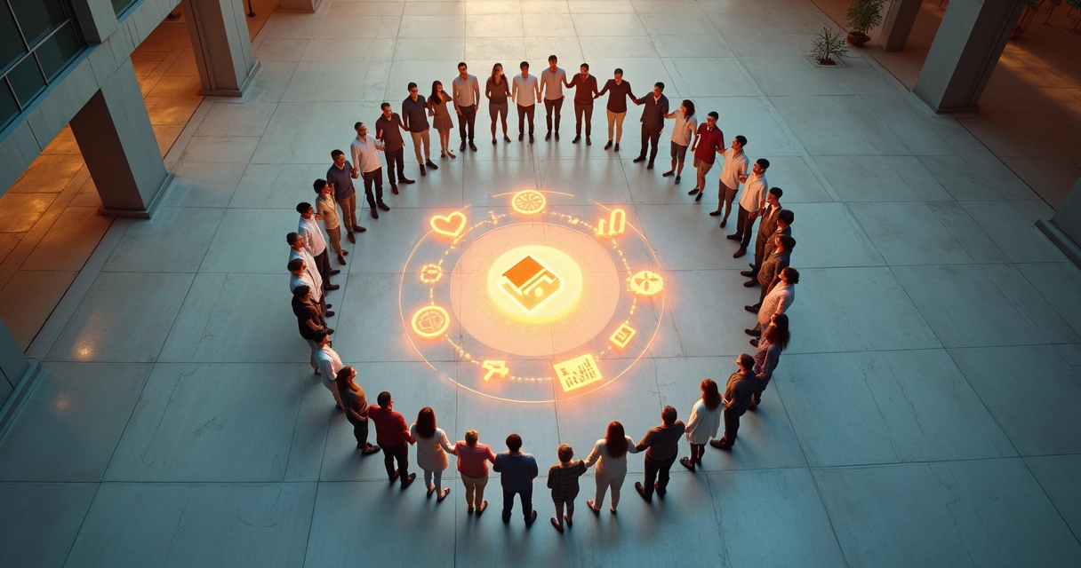 Grupo diverso em círculo conectando mãos sobre ícones de impacto humano 