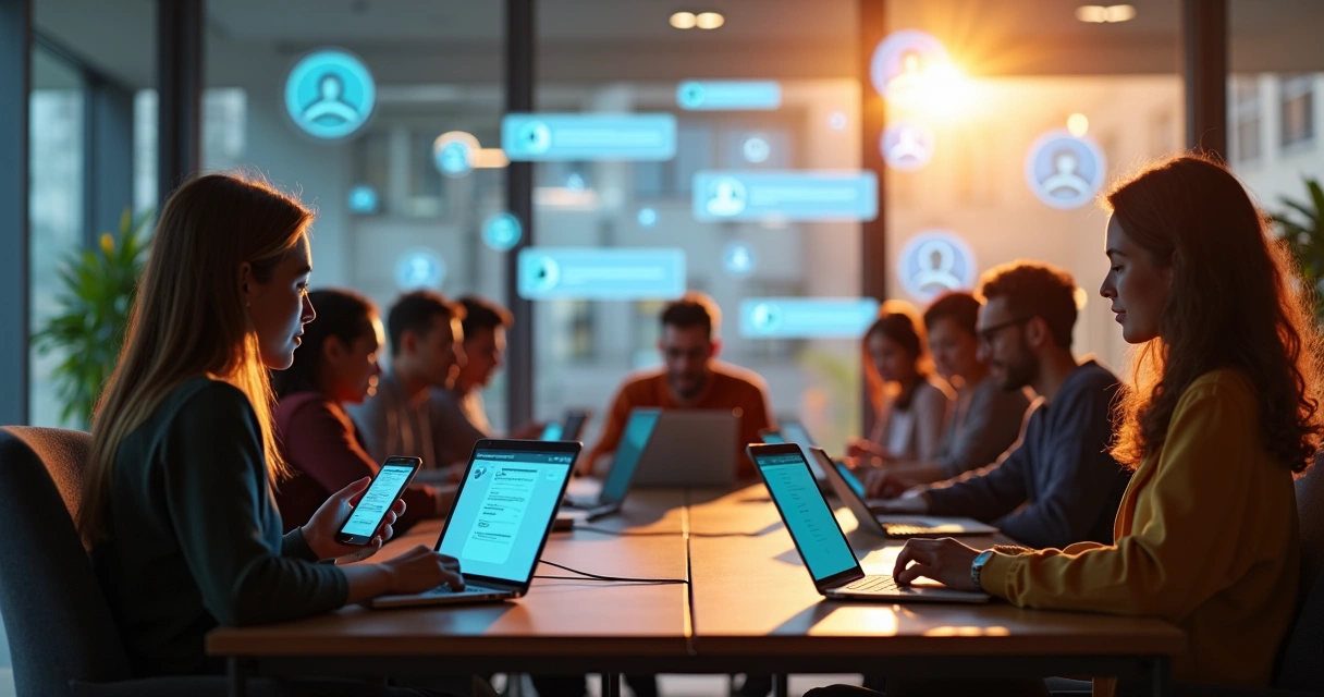 Pessoas usando laptops e smartphones em um ambiente moderno, trocando ideias em uma comunidade virtual 