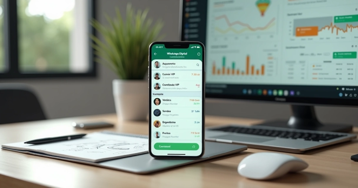 Painel de celular exibindo comunidade no WhatsApp Business com vários grupos organizados por etapas do funil 