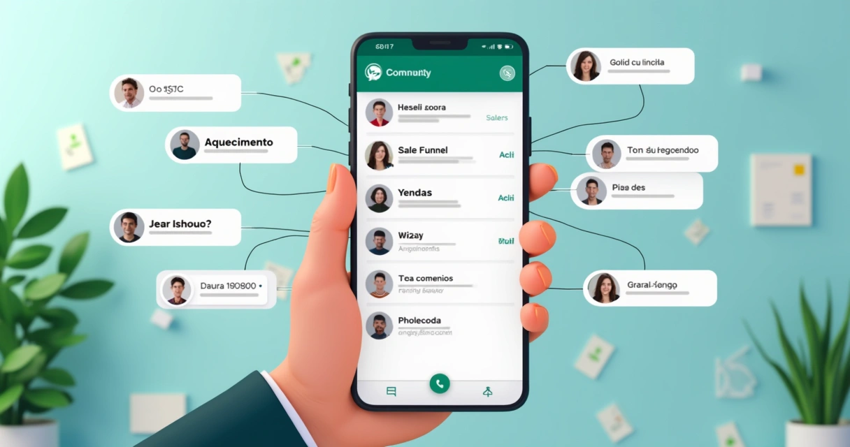 Configuração de comunidade no WhatsApp Business, mostrando tela de grupos e permissões