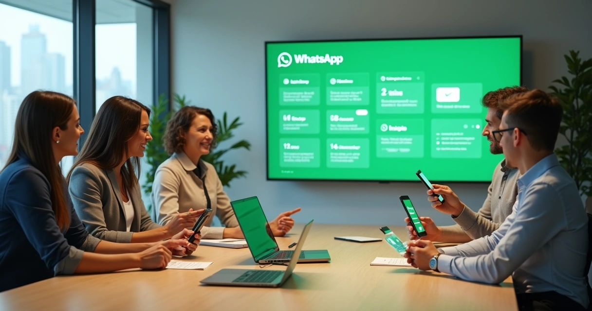 Equipe de marketing analisando comunidade de clientes no WhatsApp em painel digital 