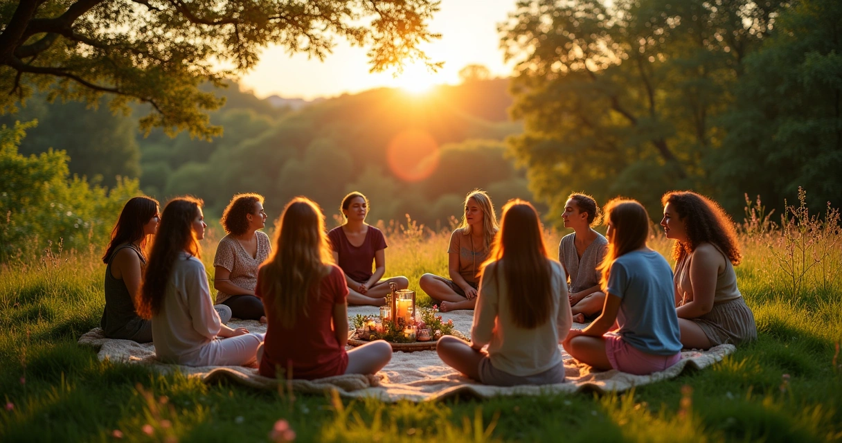 Grupo de práticas wiccanas em uma reunião ao ar livre, compartilhando histórias e meditando ao pôr do sol.