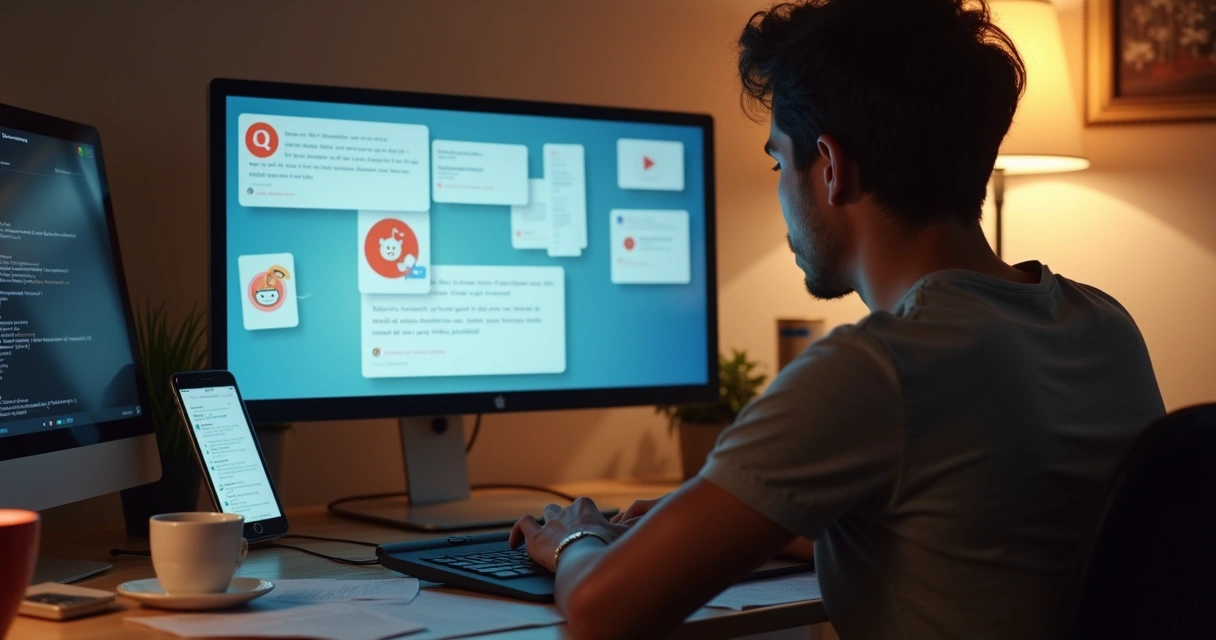 Pessoa em frente ao computador participando de fórum online e enviando email