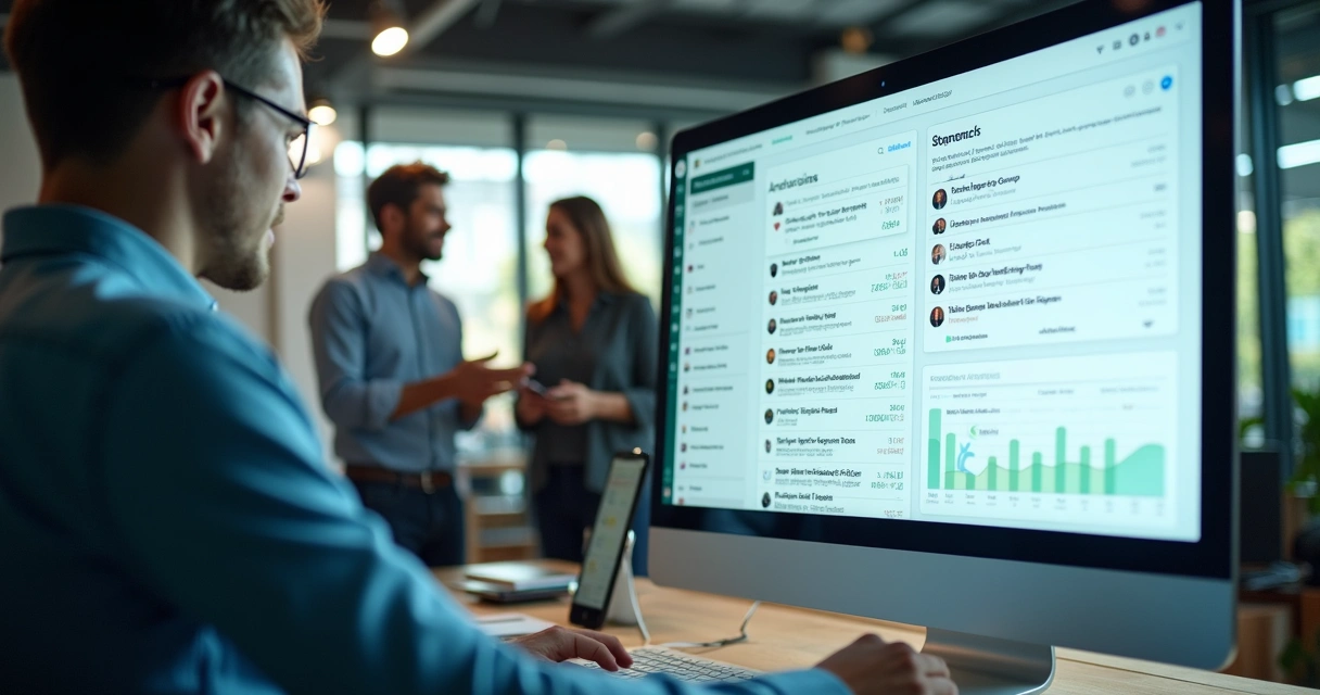 Gestor observando painel digital de grupos WhatsApp no PC 
