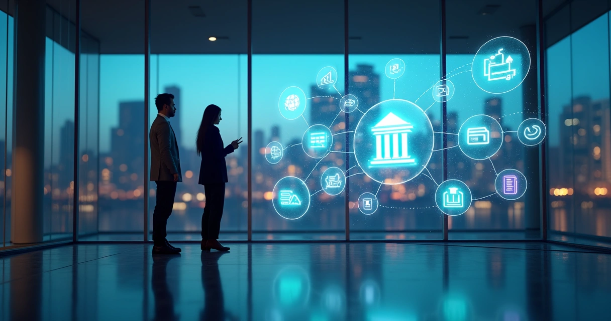 Conceito visual de plataforma BaaS conectando empresas a serviços financeiros digitais 