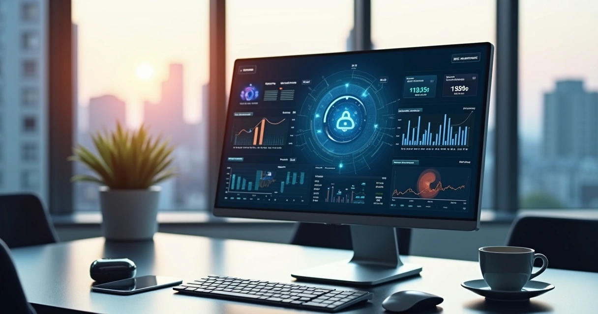 Tela de computador exibindo painel financeiro digital com integração de serviços bancários em nuvem 