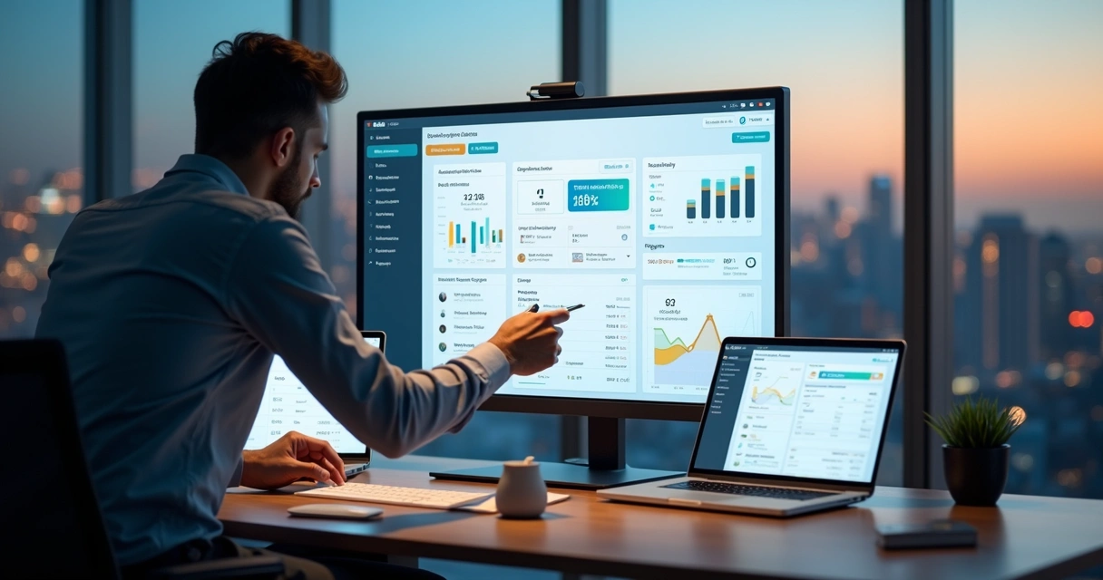 Gestor analisando painel de marketplace digital com vários lojistas conectados 