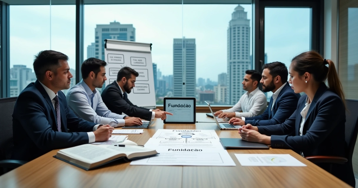 Reunião de conselho de fundação analisando documentos jurídicos e financeiros 