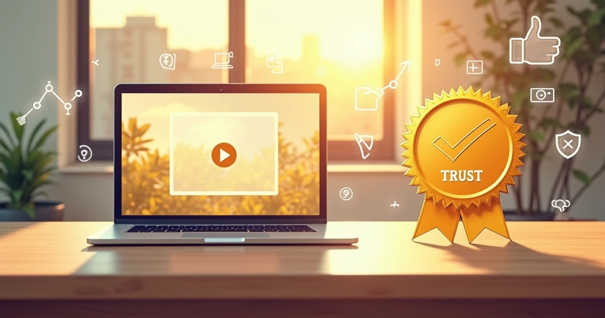 Símbolo de garantia destacado ao lado de um notebook aberto com vídeo de aula 