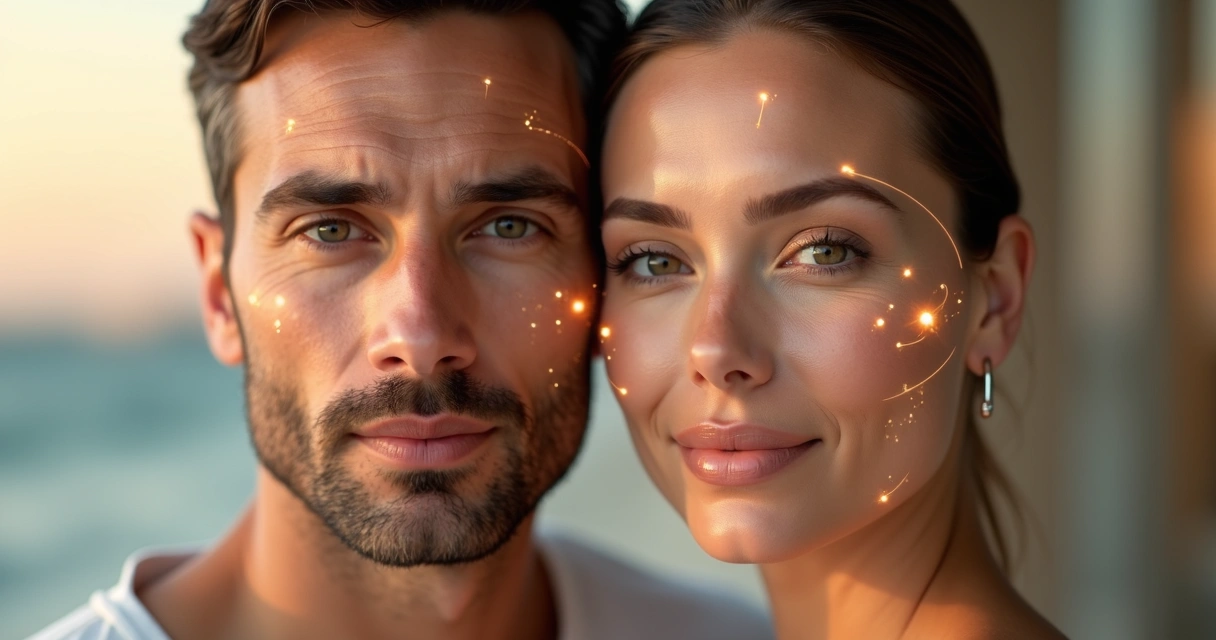 Rostos masculino e feminino divididos por linhas de proporção facial douradas 