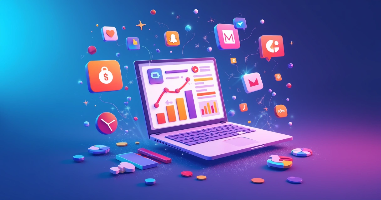 Ilustração colorida com elementos de marketing digital e tecnologia em movimento dinâmico