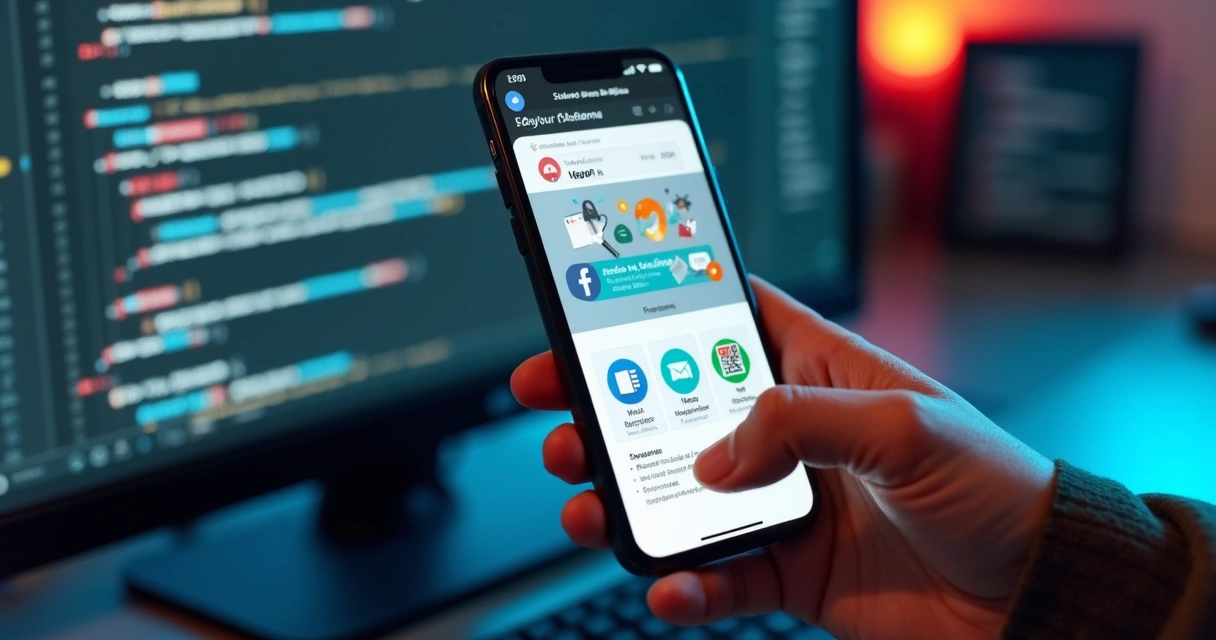 Tela de computador exibindo página de link na bio e landing page, com ícones de redes sociais, gráficos de cliques e códigos QR ao redor 