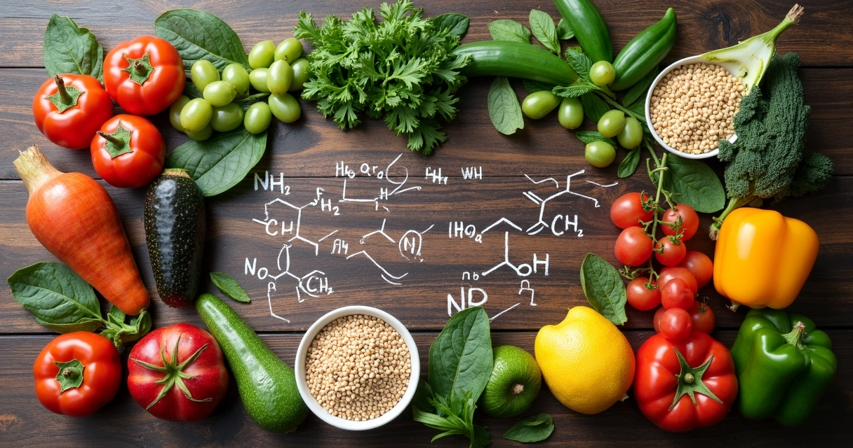 Mosaico com frutas, vegetais, sementes e fórmulas químicas desenhadas 