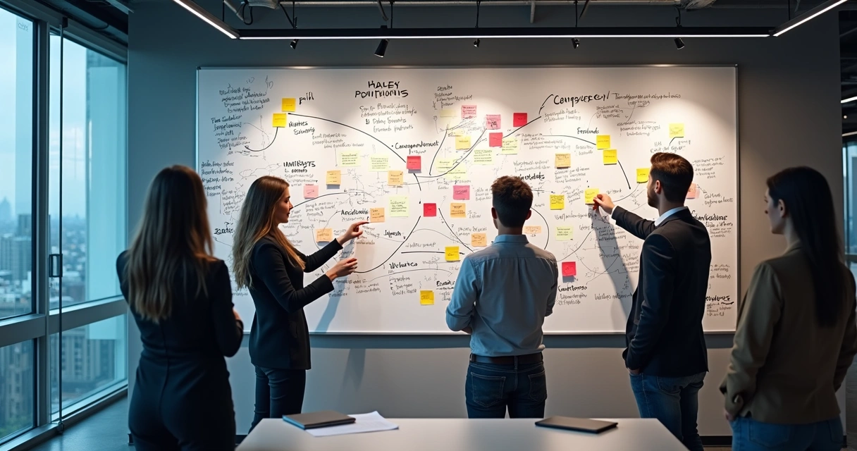 Quadro branco com conceitos-chave e setas coloridas conectando ideias de posicionamento