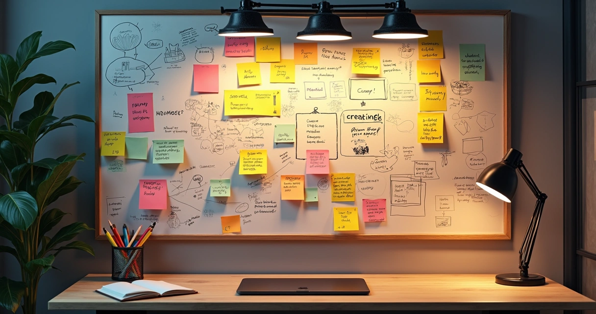 Quadro com ideias de branding e copy em post-its coloridos