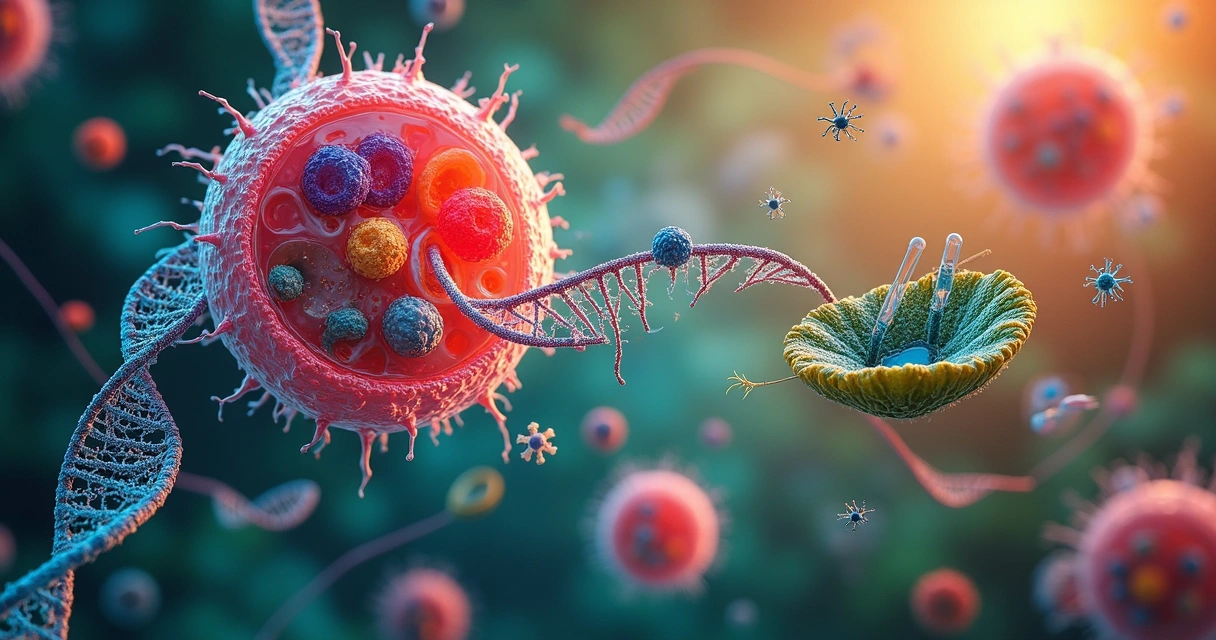 Representação de células, moléculas de DNA e organismos interagindo em fundo colorido 