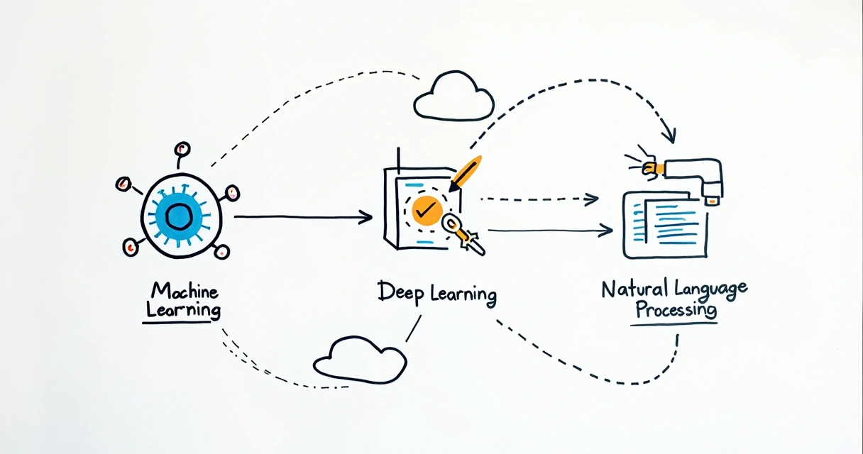 Fluxograma mostrando machine learning, deep learning e PLN conectados