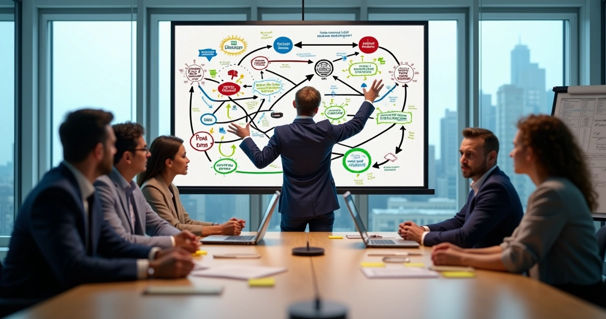 Equipe executiva em reunião diante de organograma sistêmico confuso em uma sala corporativa moderna 