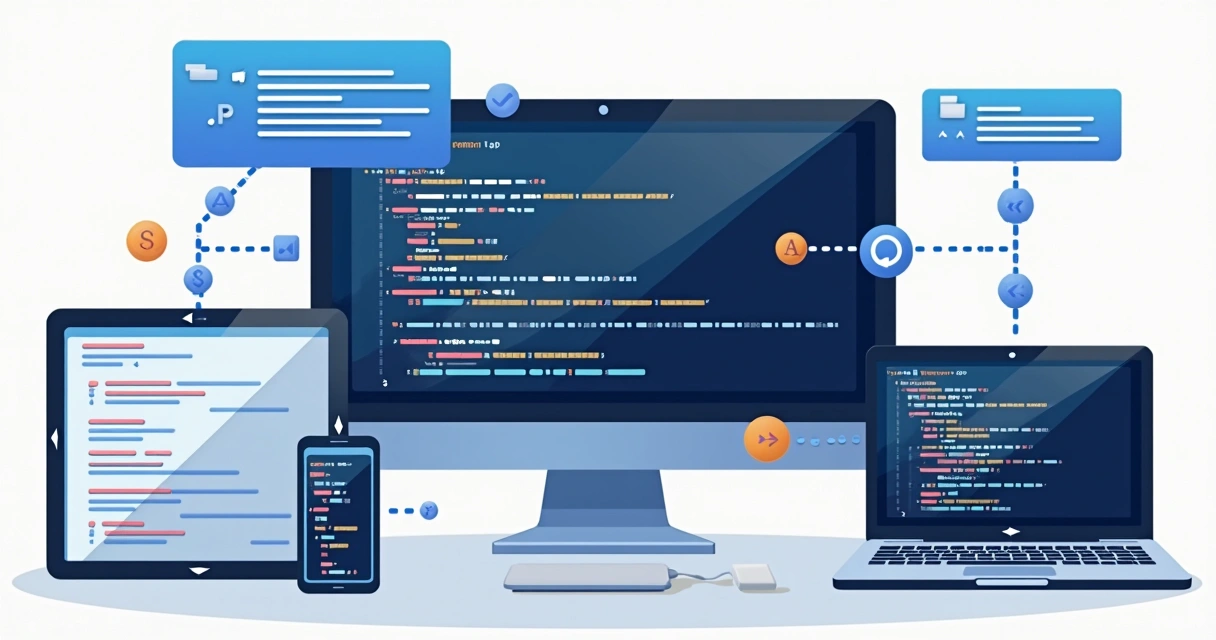 Ilustração de conceitos técnicos de API REST, com códigos em tela e arquitetura de integração 