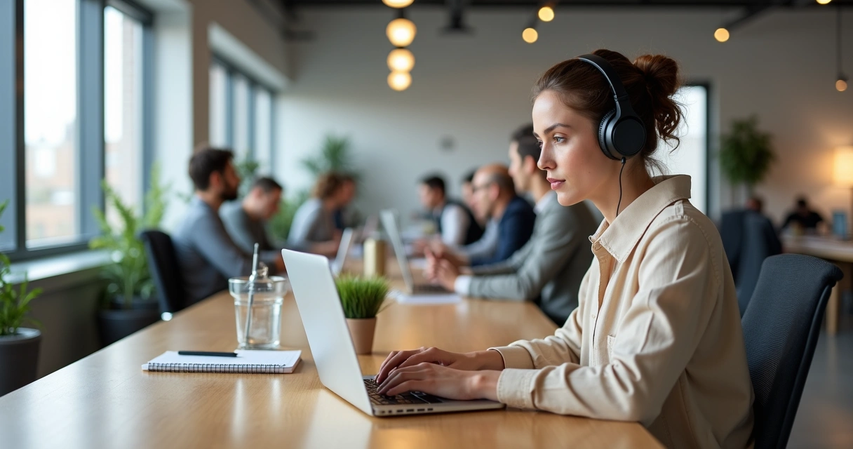Pessoa focada trabalhando em mesa coletiva de escritório moderno 