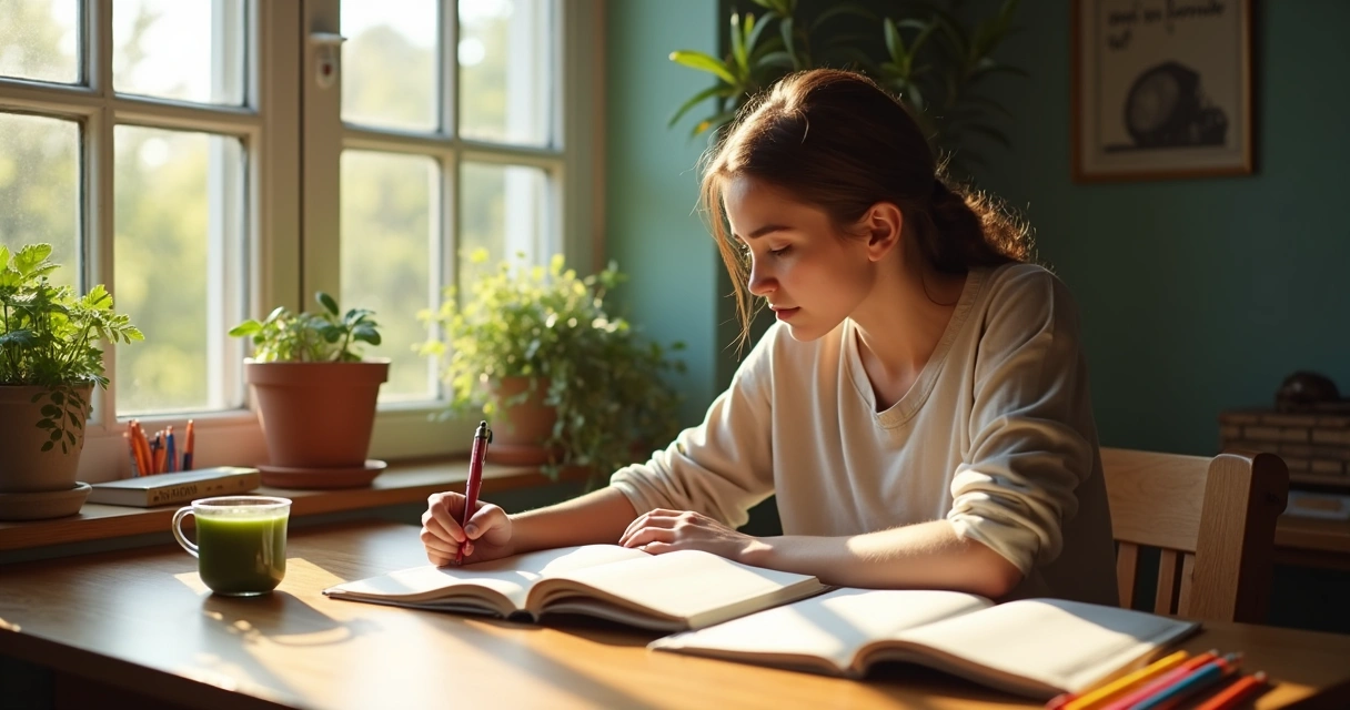 Pessoa estudando em ambiente bem iluminado, caderno e chá verde ao lado, mostrando sensação de atenção e tranquilidade 