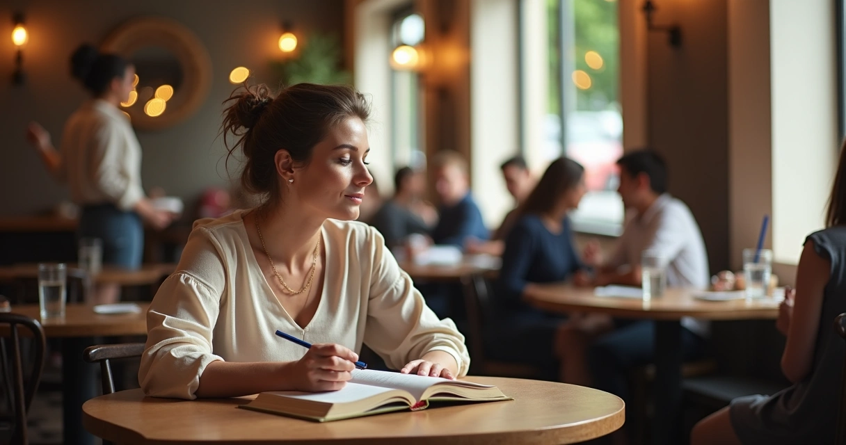 Mulher concentrada lendo um livro em meio a uma cafeteria movimentada 