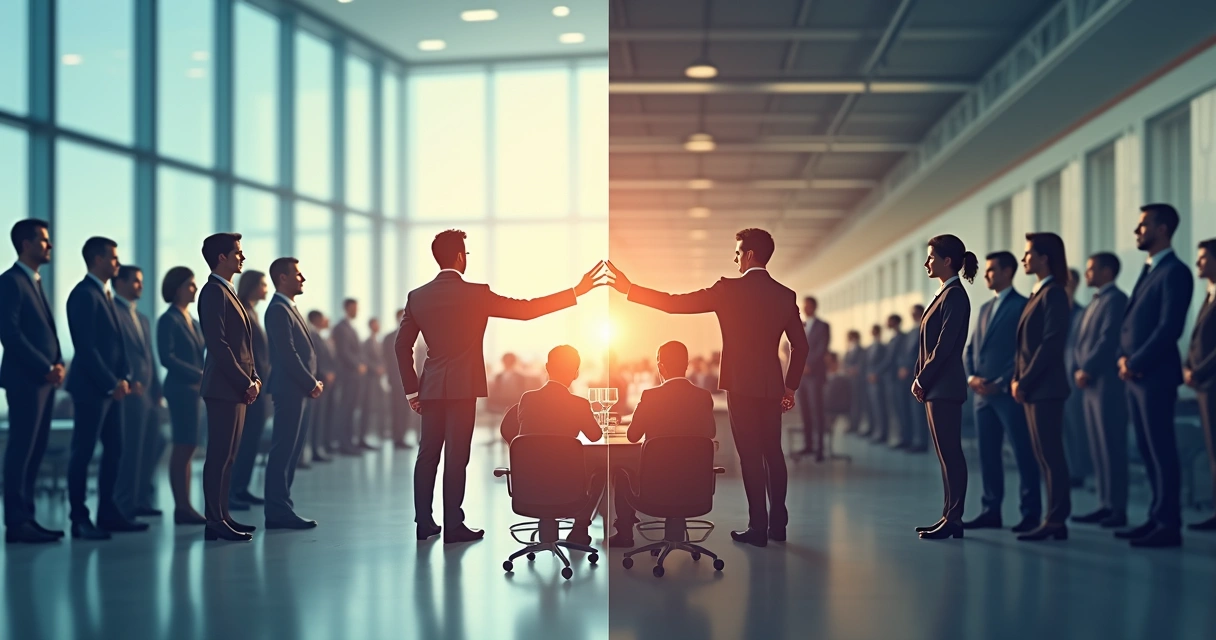 Split image showing progressive and traditional leadership paths 