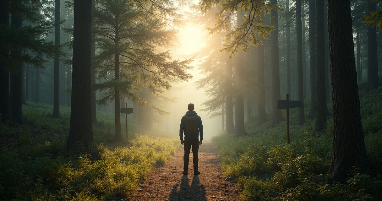 Persona frente a dos caminos con señales opuestas 
