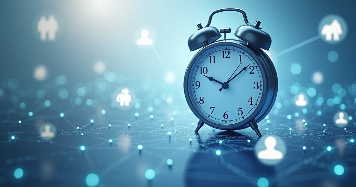 Reloj superpuesto sobre líneas conectadas que simbolizan relaciones y flujos