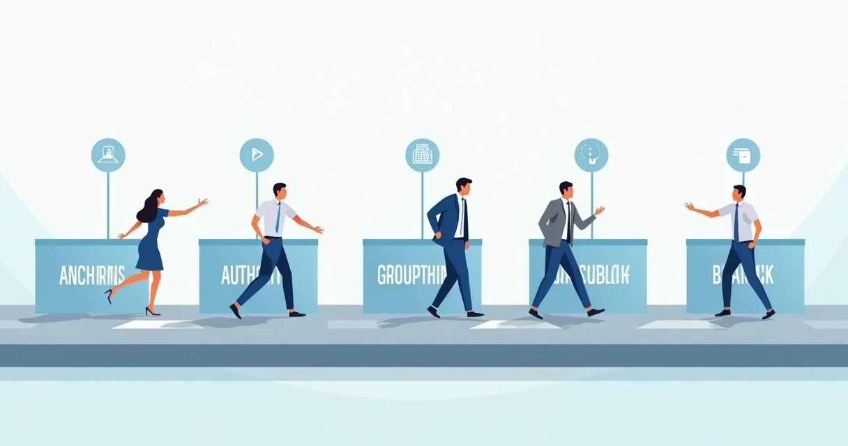 Conceptual illustration showing seven barriers on a path with labels for different bias types