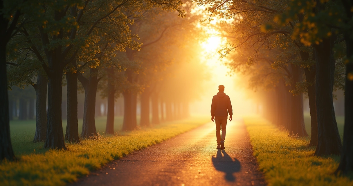 Person walking confidently along a path symbolizing conceptual embodiment 