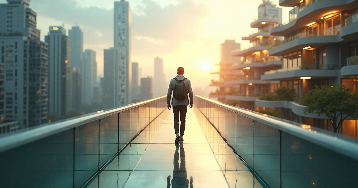Person crossing prism bridge between two contrasting cityscapes 