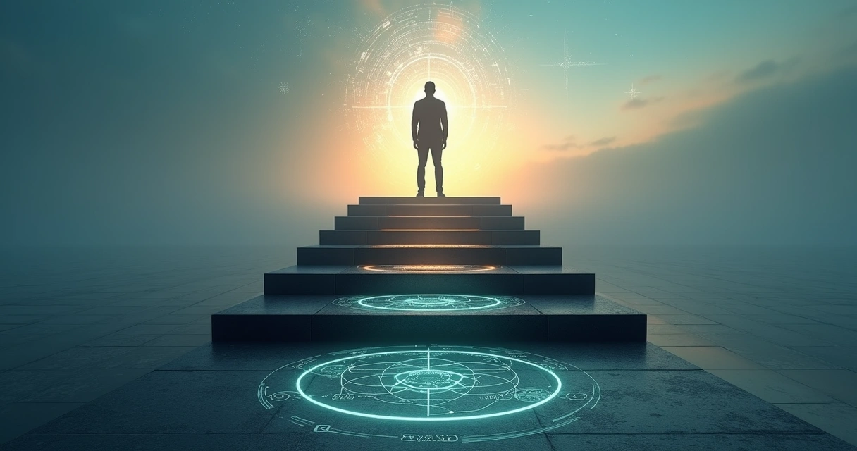 Four luminous steps leading to a human silhouette with a radiant mind 