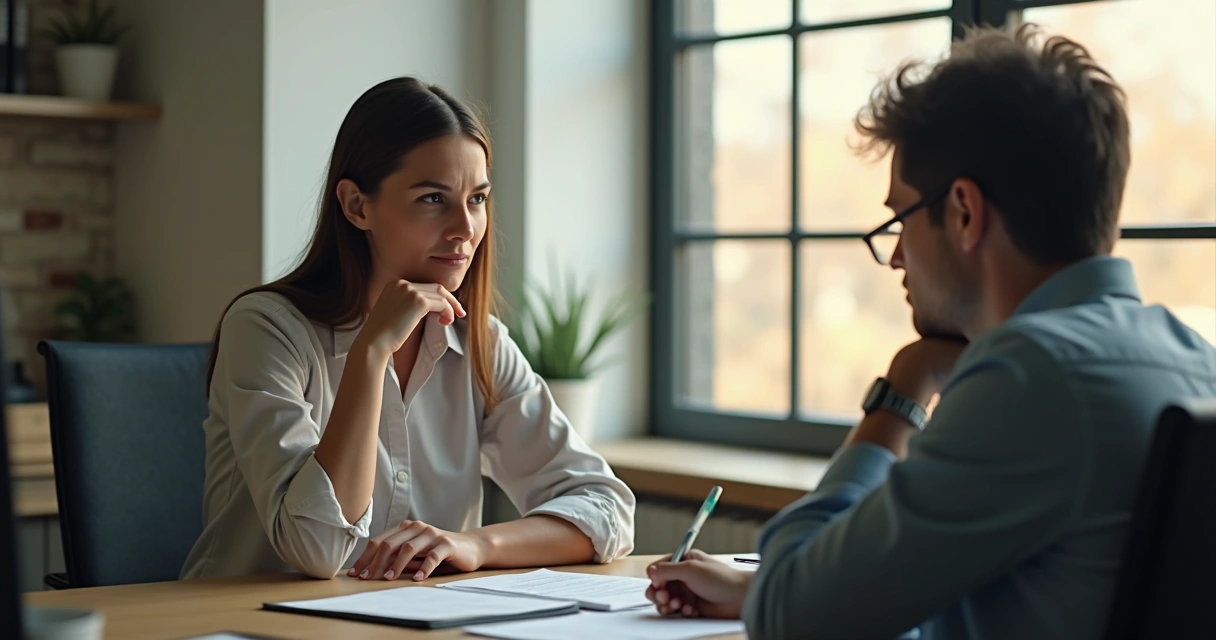 Manager sitting with a concerned look, speaking quietly with an employee in a small office.