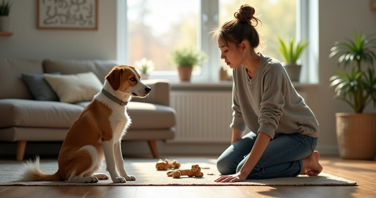 Owner watching a dog showing anxious behavior indoors