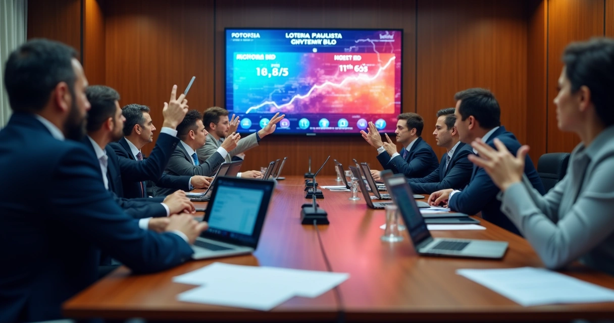 Mesa de leilão com licitantes analisando documentos, tela mostrando lances e loteria em destaque 