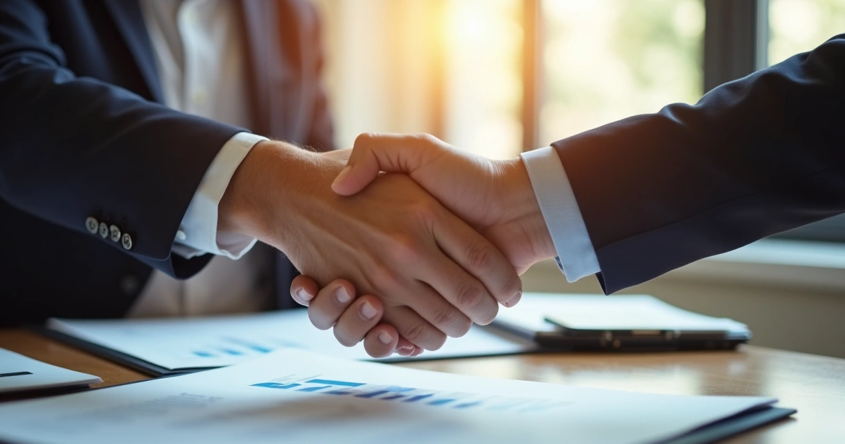 Aperto de mãos entre dois empreendedores após troca de concessões. 