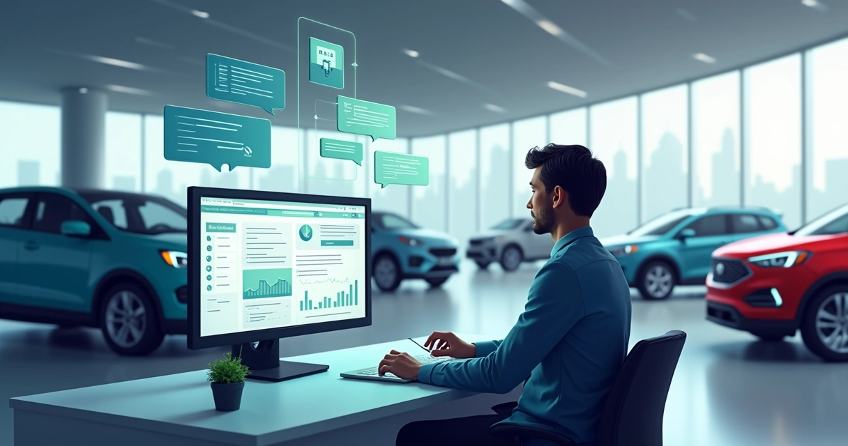 Pessoa conversando com chatbot em tela de computador ao lado de carros em concessionária 