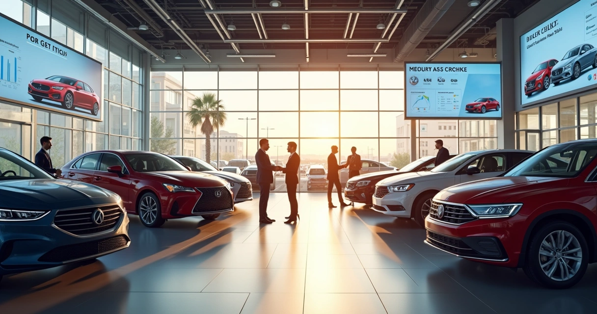 Showroom da concessionária com carros à venda e telas exibindo anúncios digitais 