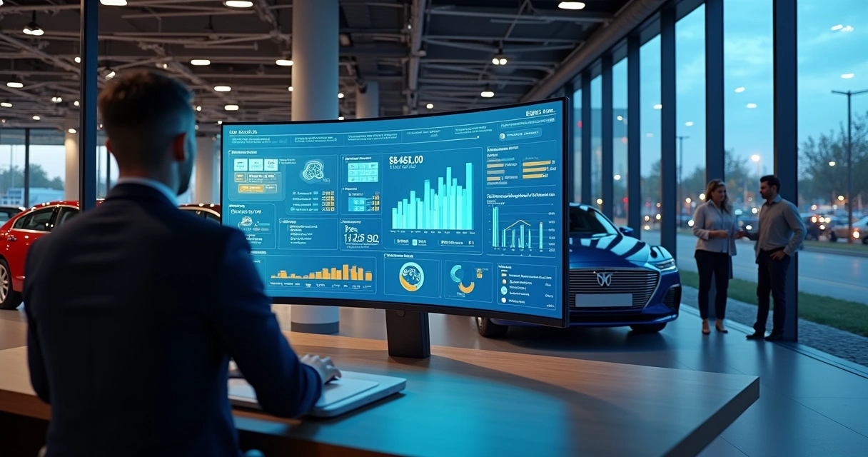 Gestor em concessionária analisa painel digital de vendas com carros ao fundo 