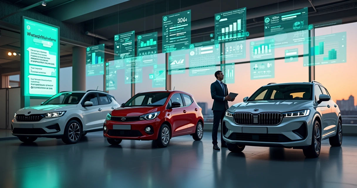 Showroom de concessionária com interface de IA e WhatsApp flutuando sobre carros em exposição 