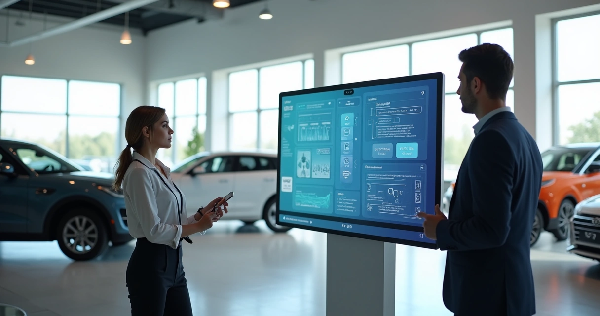 Ambiente interno de concessionária com vendedor interagindo em tela digital de IA 